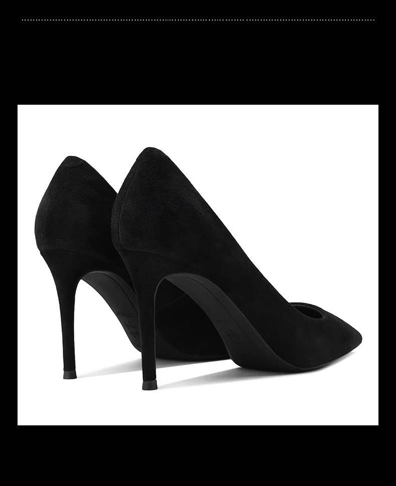 奢迪卡品牌高跟鞋女细跟职业2021春夏季新款黑色羊猄皮尖头浅口磨砂