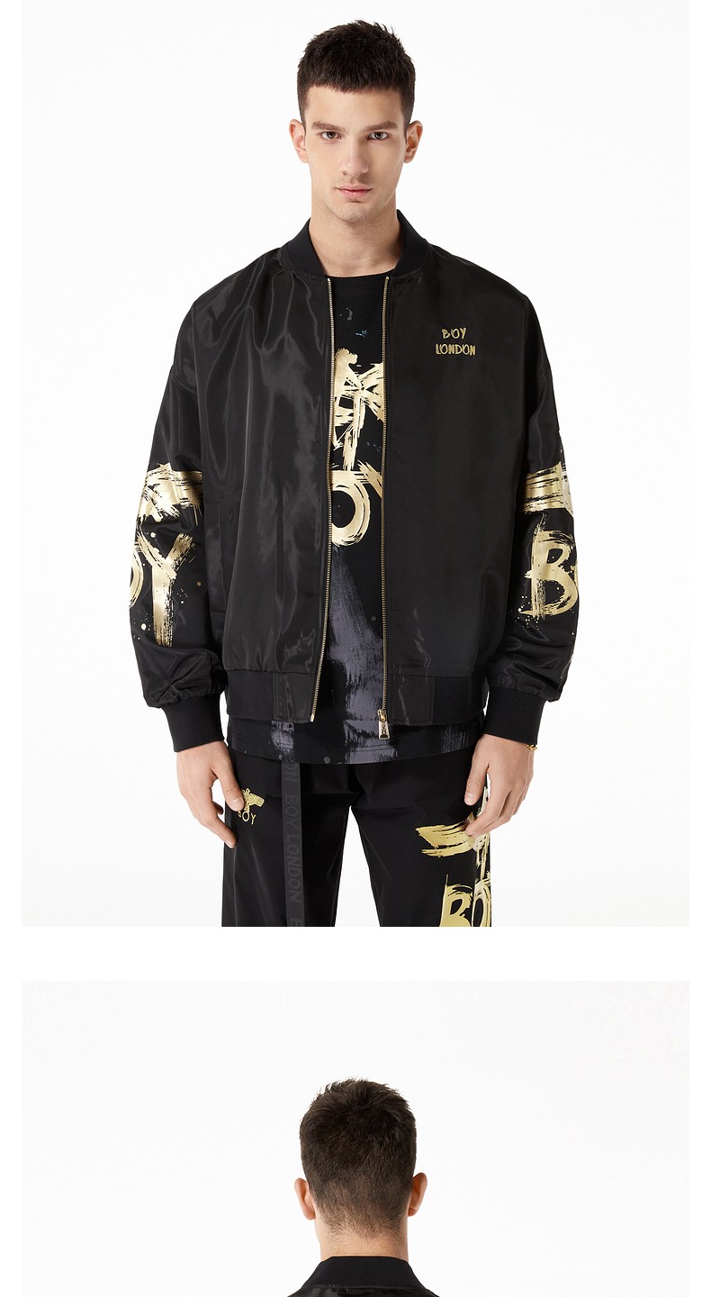 boylondon外套男女款2022春夏新品黑色拉浆印花无领休闲夹克n23010