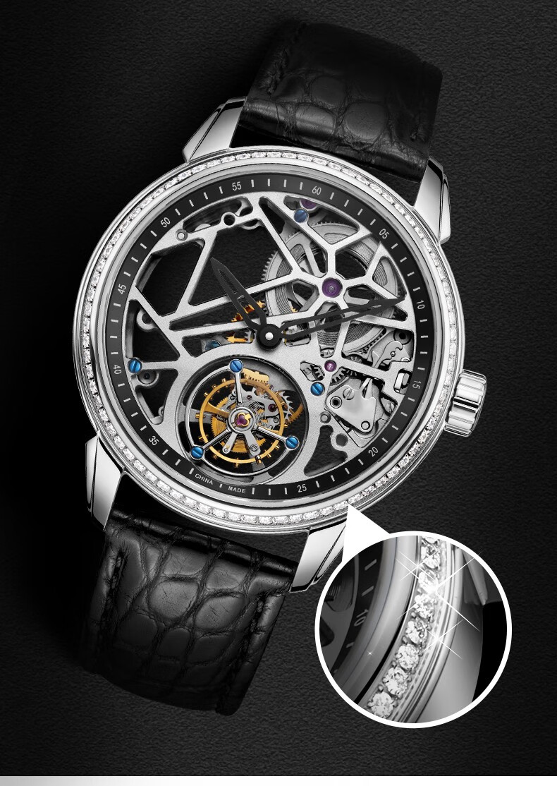 海鸥seagull手表传承系列商务休闲双面全镂空陀飞轮机械镶钻男表