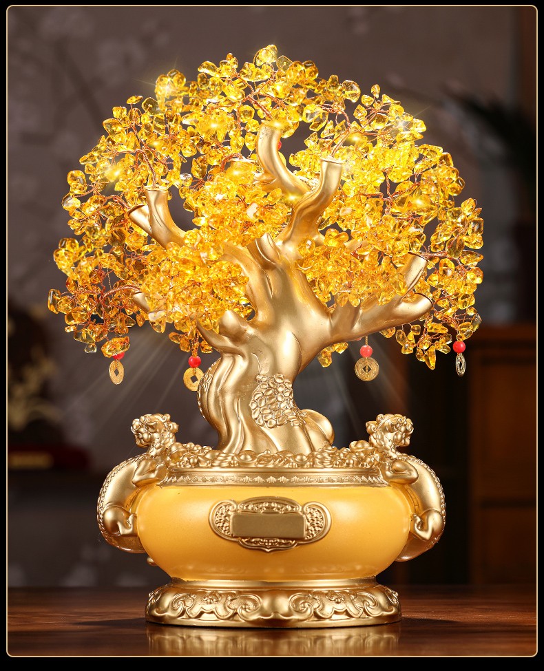 家居客厅玄关酒柜装饰品公司前台摆设 大号金色水晶树招财聚宝盆 长34