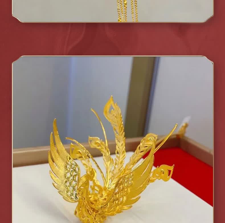 传世美钰 黄金凤凰发簪头饰足金999婚嫁凤钗流苏金步摇凤求凰婚嫁系列