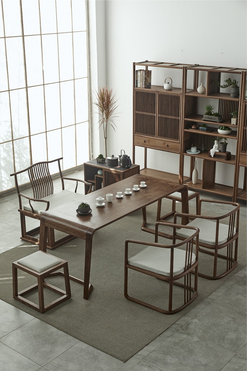 实木功夫茶桌 办公室茶桌茶台 老榆木新中式茶桌 黑胡桃木主椅【图片