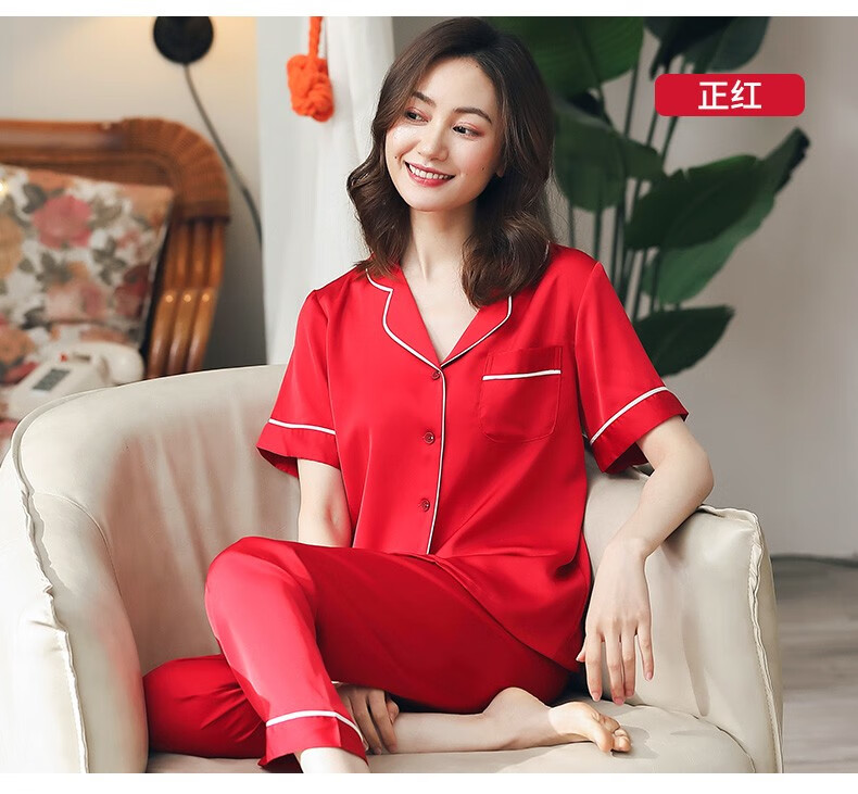 上海故事 花睡衣女夏季 冰丝绸短袖长裤高档 送女友送老婆送爱人礼物