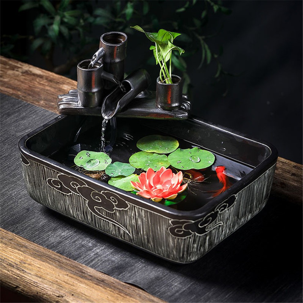 万匠阁大型陶瓷流水鱼缸摆件水缸阳台造景水循环鱼缸办公室客厅养鱼缸