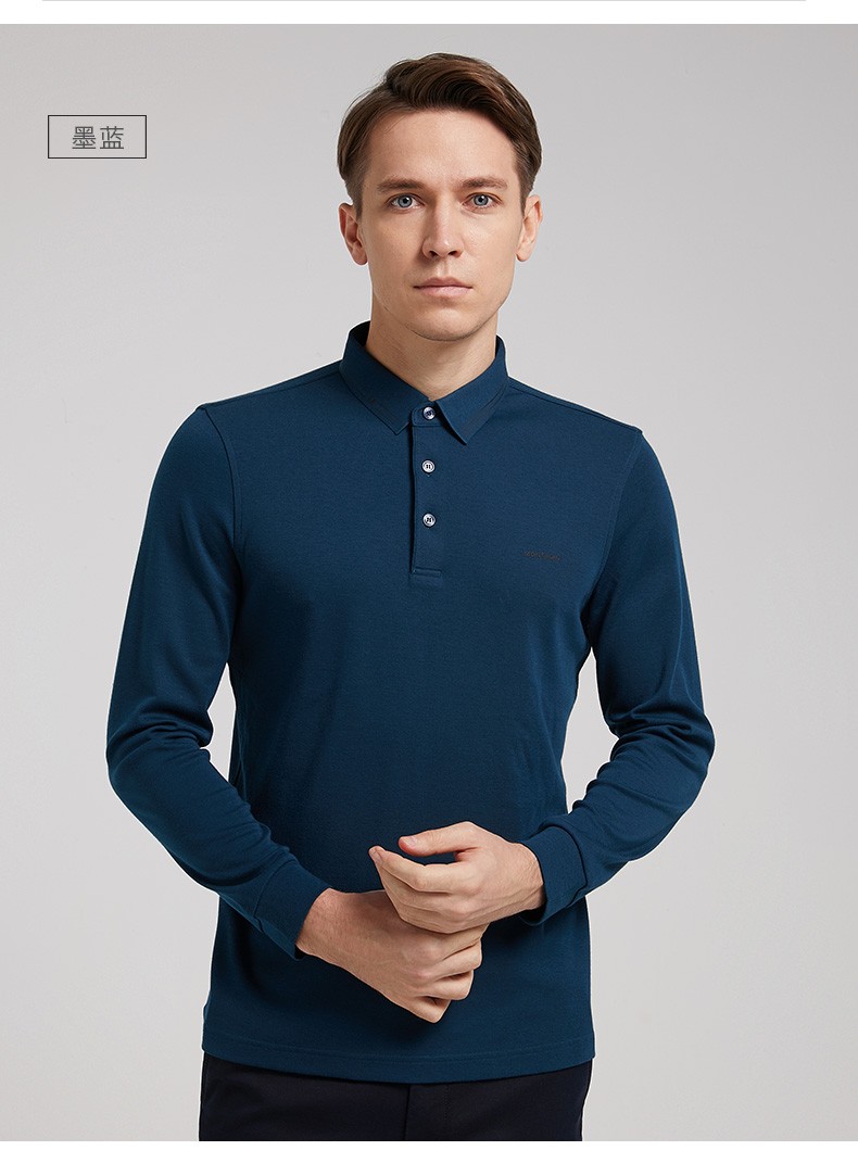 梦特娇秋季新款男士商务休闲长袖polo混纺舒适透气纯色男士长袖polo衫