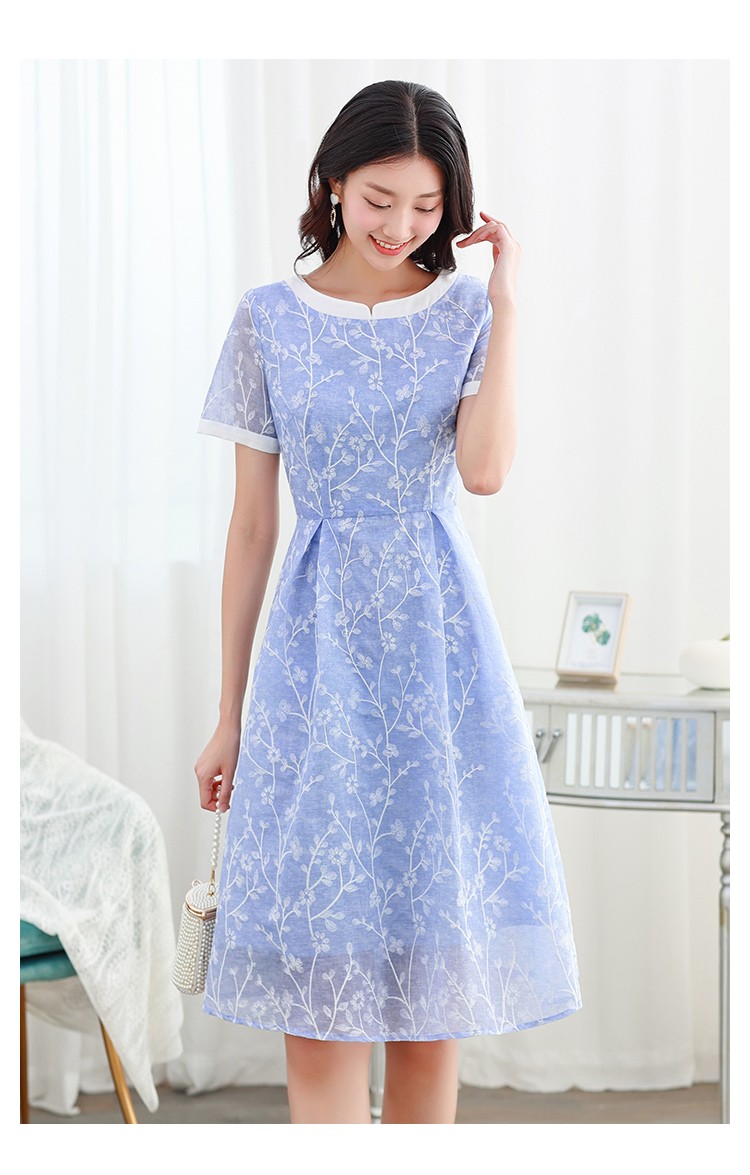 勿忘花雪纺绣花蓝色连衣裙女夏季新款小个子修身减龄裙子蓝色s