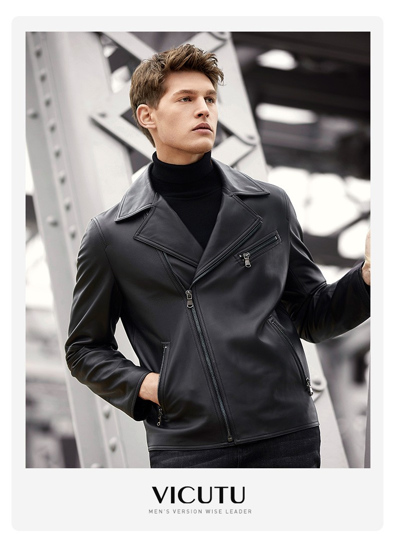威可多vicutu男士皮衣羊皮黑色皮夹克男时尚修身翻领机车服男vrw
