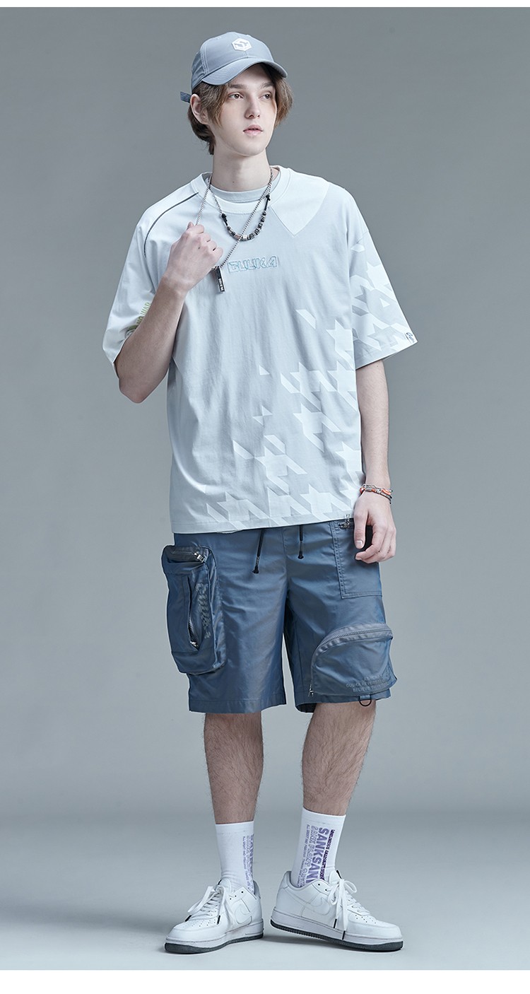 guuka反光短袖t恤男潮牌青少年嘻哈运动纯棉圆领刺绣五分袖t宽松浅灰