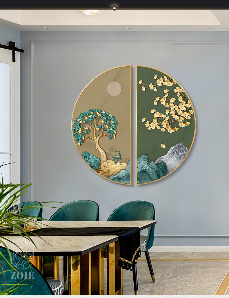 画先生卓益现代新中式轻奢入户玄关装饰画圆形走廊尽头壁画银杏叶鹿