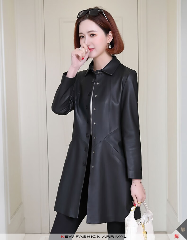 女士修身显瘦长风衣春秋冬新款休闲上衣百搭女式薄款洋气大衣时尚真皮