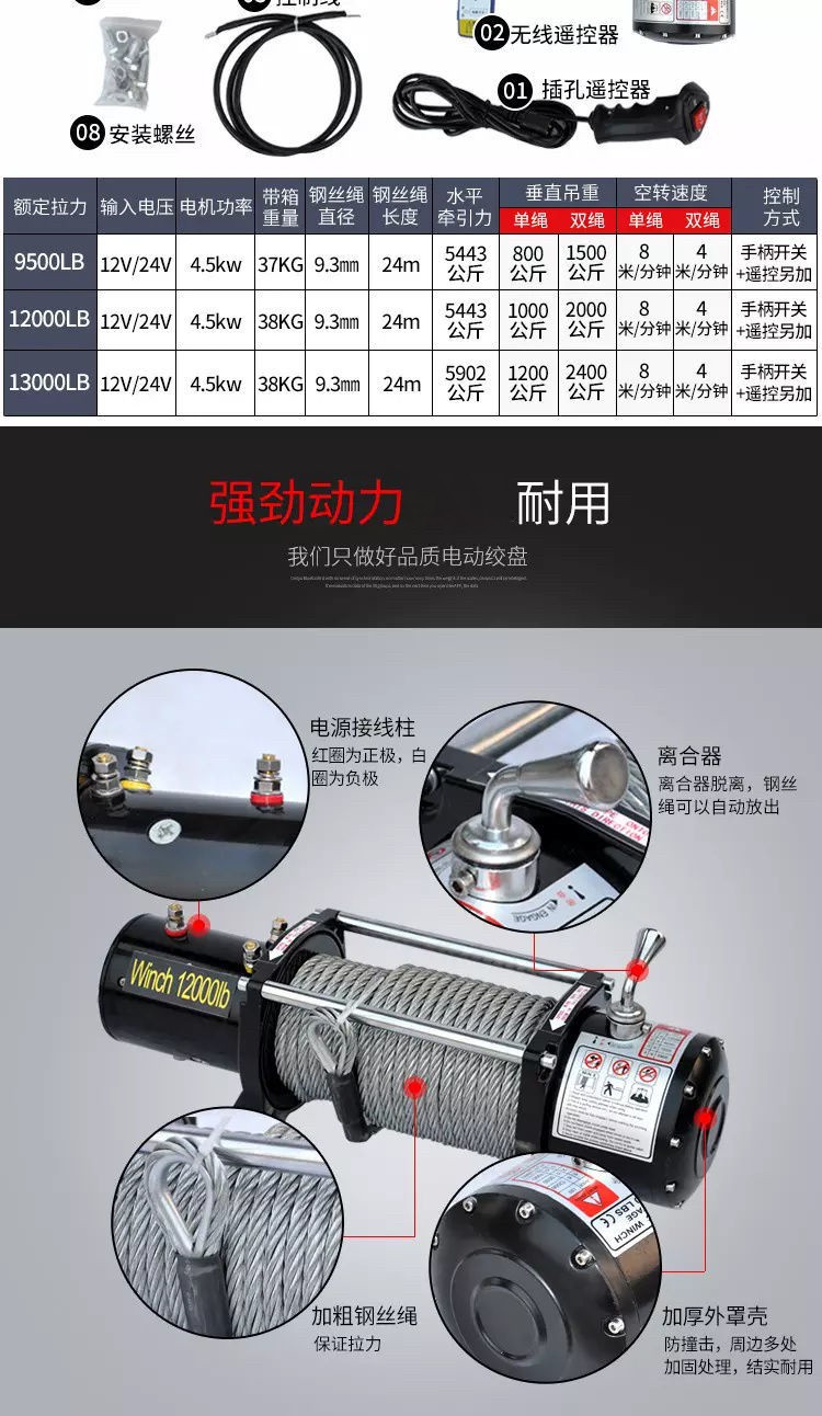 电动绞盘12v家用小型车载电动葫芦24v越野车自救卷扬机钢丝绳吊机 24v