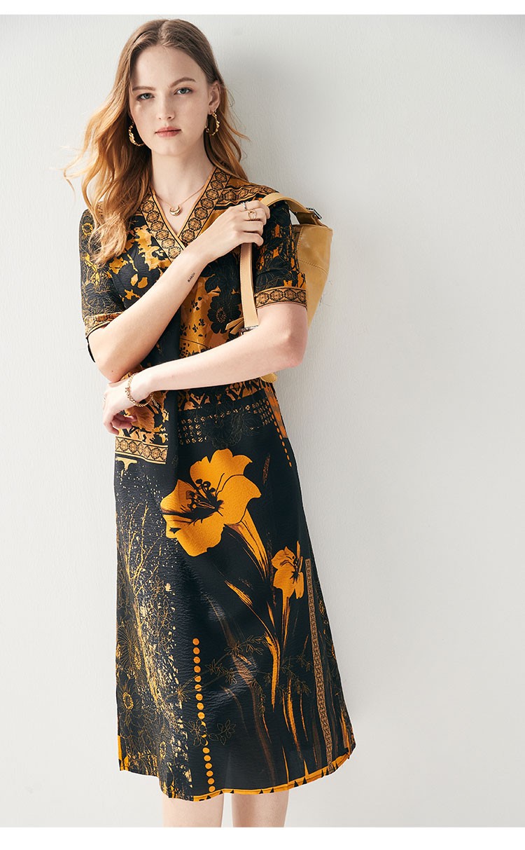 帕罗14姆米双绉夏季桑蚕丝休闲印花复古v领真丝连衣裙es21370lsy黄黑