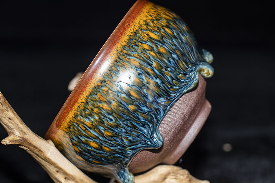 多颗釉泪金丝蓝孔雀曹伟俊建阳建盏礼盒装口径9b64