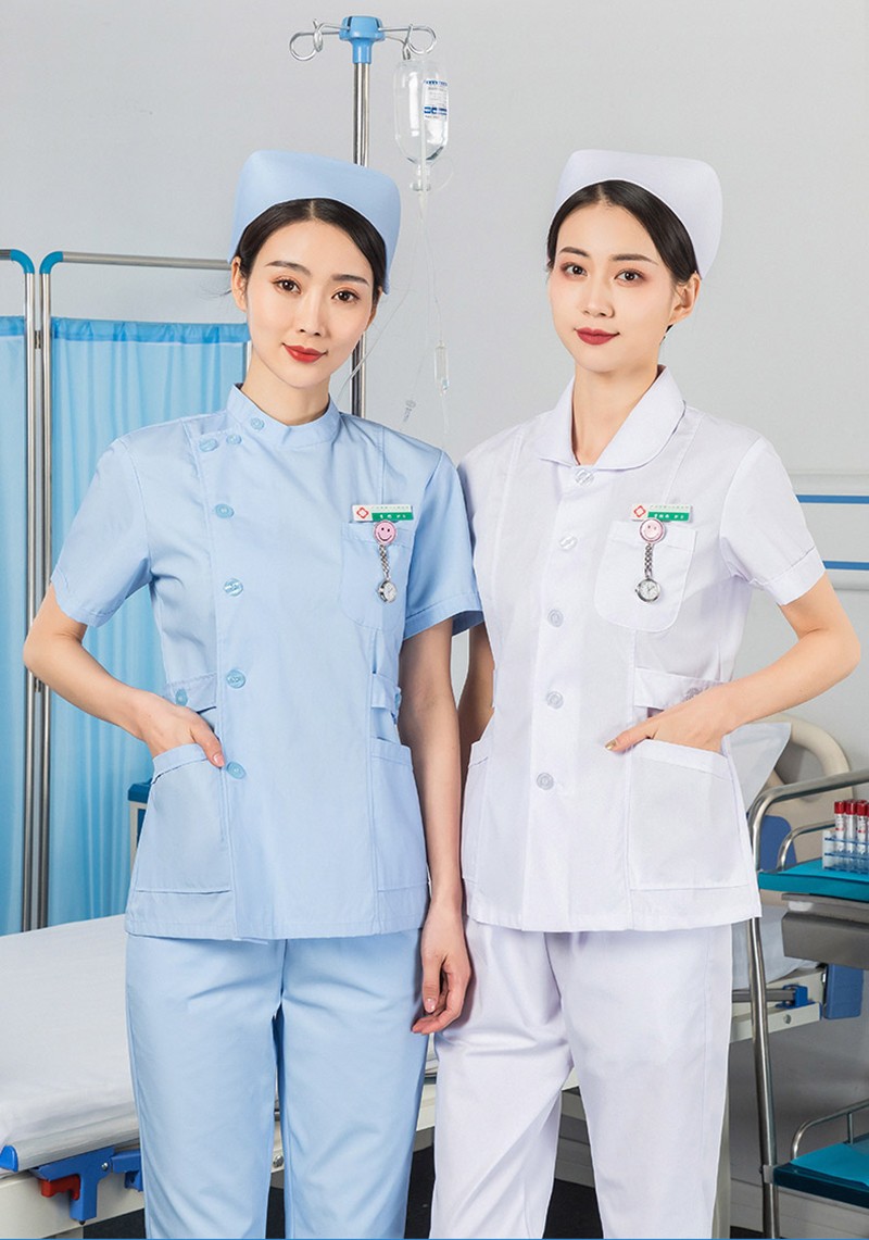件套分体套装蓝色短款医护工作服护工娃娃领蓝色短袖小褂套装护士帽s