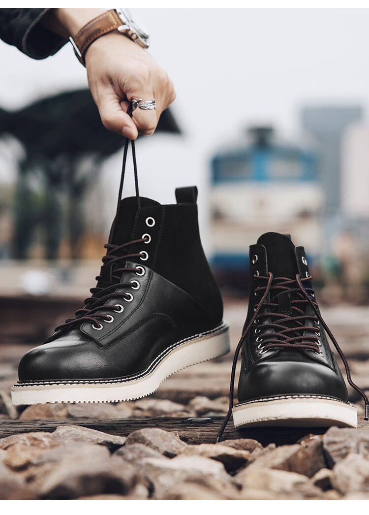 ugg男靴秋冬牛皮系带拼接休闲透气男鞋 咖啡色 40【图片 价格 品牌