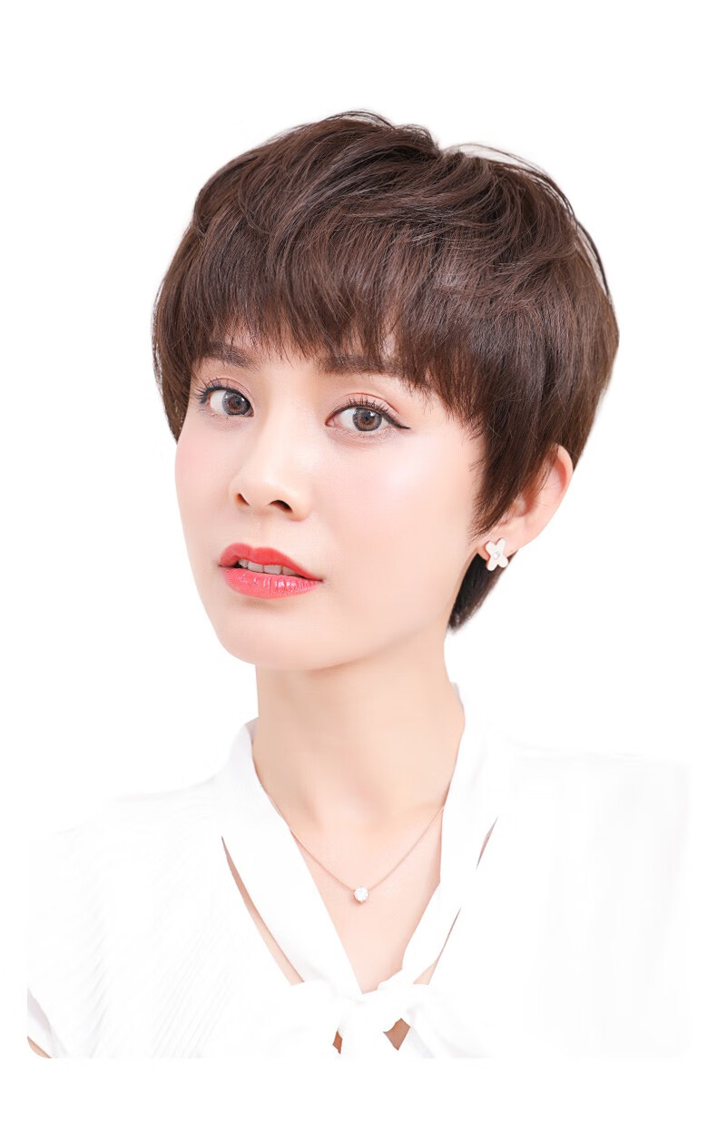 姬玛假发女短发短卷发纹理发女款自然蓬松圆脸全真人发丝时尚女士假发