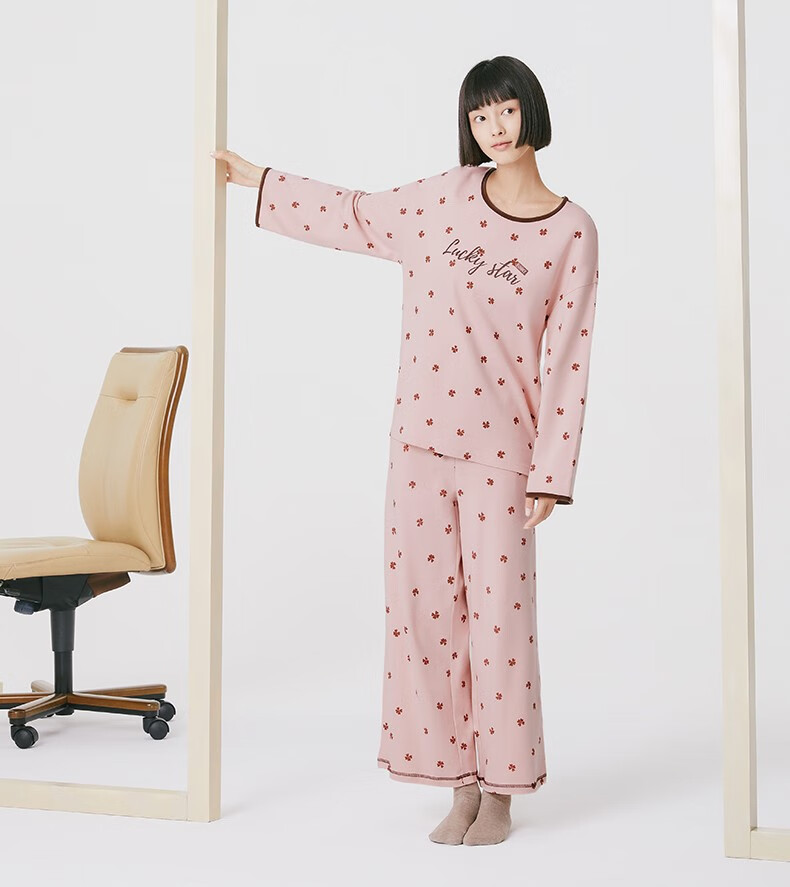 三枪睡衣家居服女士2021秋季纯棉柔软透气舒肤棉圆领九分袖女家居套装