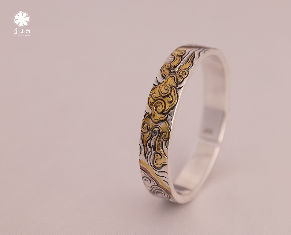 李小白 银手镯 9999银饰品 纯手工制作 刻花手镯 大师刻花手镯 65克