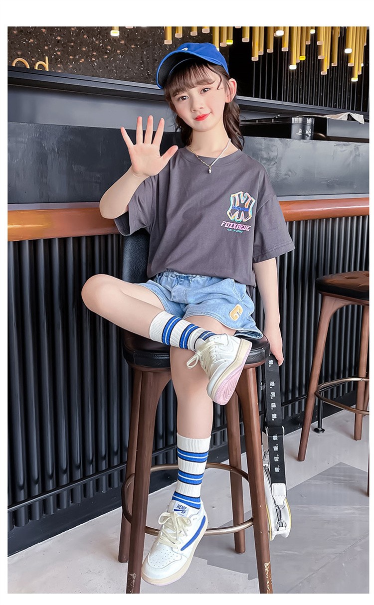 浣莎品牌童装女童短袖t恤牛仔超短裤套装两件套夏装中大童416岁女孩