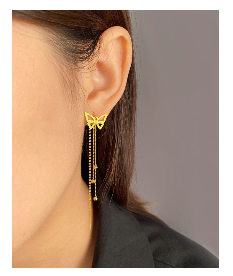 百泰黄金蝴蝶耳线女999足金长款流苏金耳饰结婚订婚礼物送女友送老婆