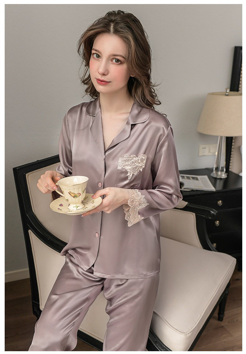 nlmn真丝睡衣女长袖两件套装蕾丝夏季100桑蚕丝睡衣家居服绿色520情人