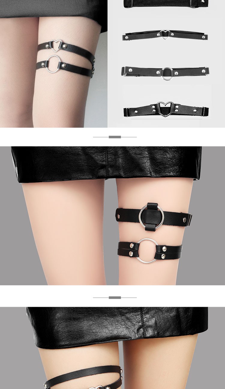 番易jk日系大腿环朋克腿圈吊袜带女生一字pu金属心形圆形皮革腿链装饰