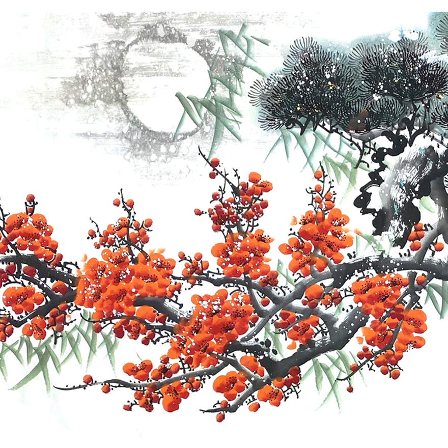 张宝君中美协会员松树梅花竹子岁寒三友图规格180x68cm