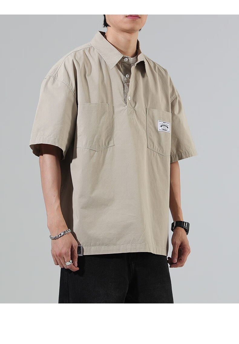 法国cebrodzt恤男夏季宽松休闲男士美式复古大码工装短袖衫半袖潮杏色