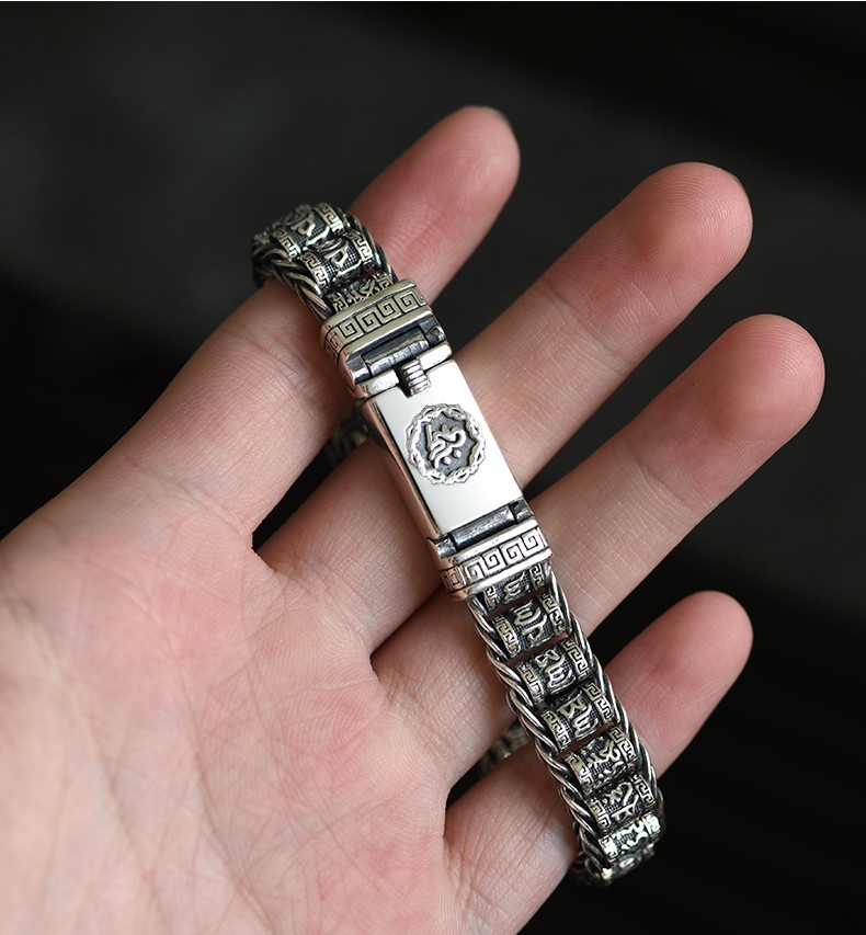 罗泰老银匠925银手链男韩版潮手工编织复古六字真言手链个性手饰20