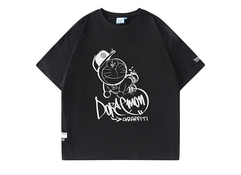 doraemon哆啦a梦 街头穿搭机器猫印花宽松圆领短袖t恤 男女同款 米黄