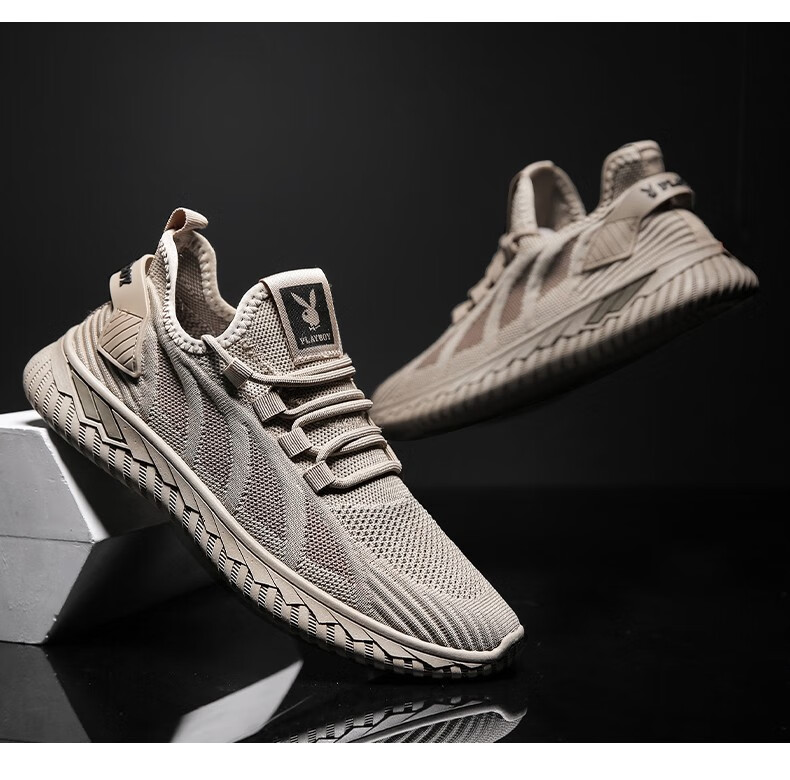 花花公子(playboy)网面透气椰子鞋男中青年浅口圆头系带轻盈飞织跑步