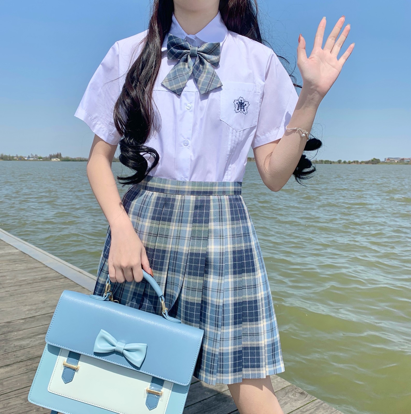 青野格裙制服少女裙半身裙学院风温柔一刀衬衫水蓝色裙子长t领花xl