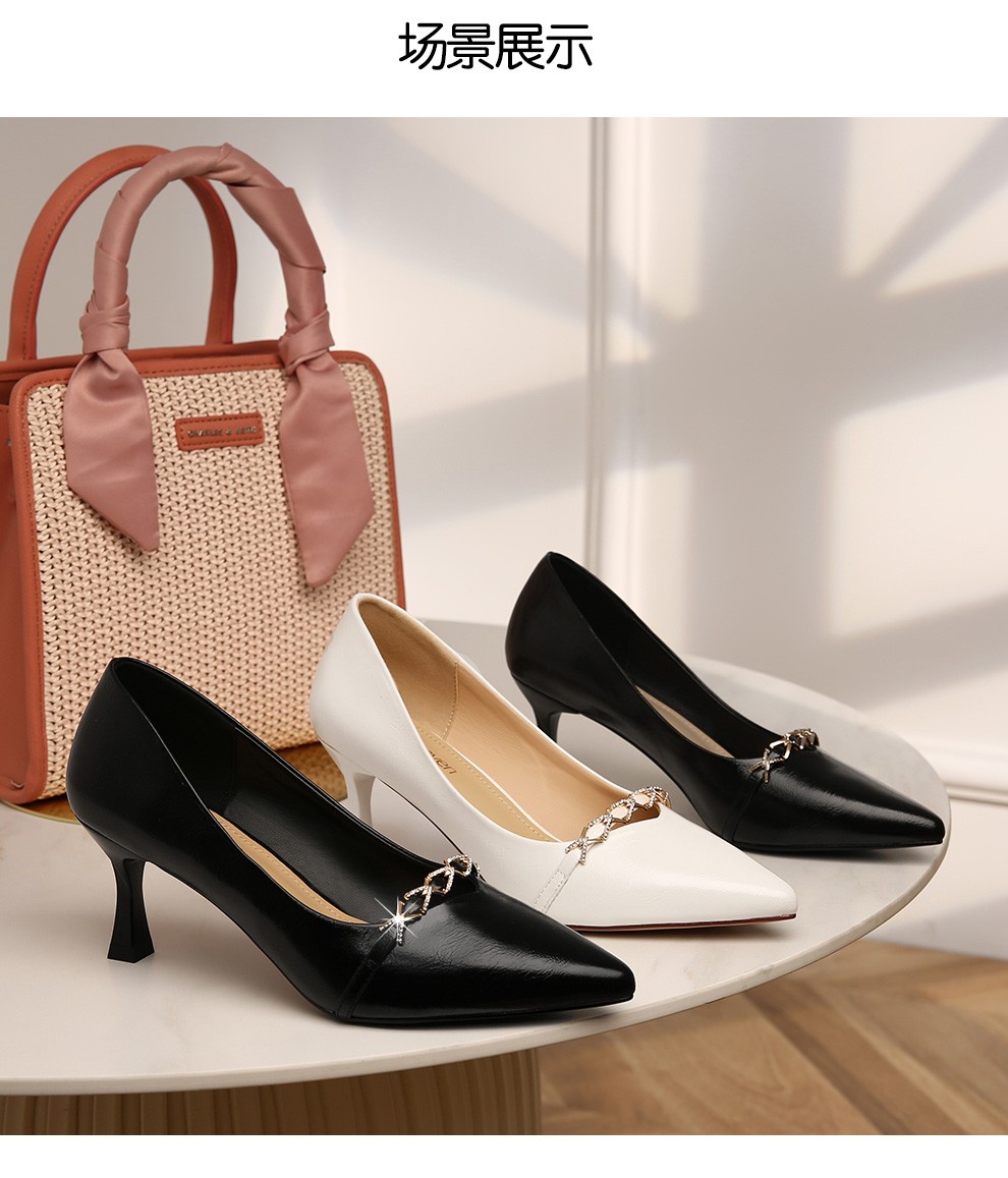 古奇天伦2021秋季新款高跟鞋女性感尖头细跟浅口单鞋金属装饰纯色时装