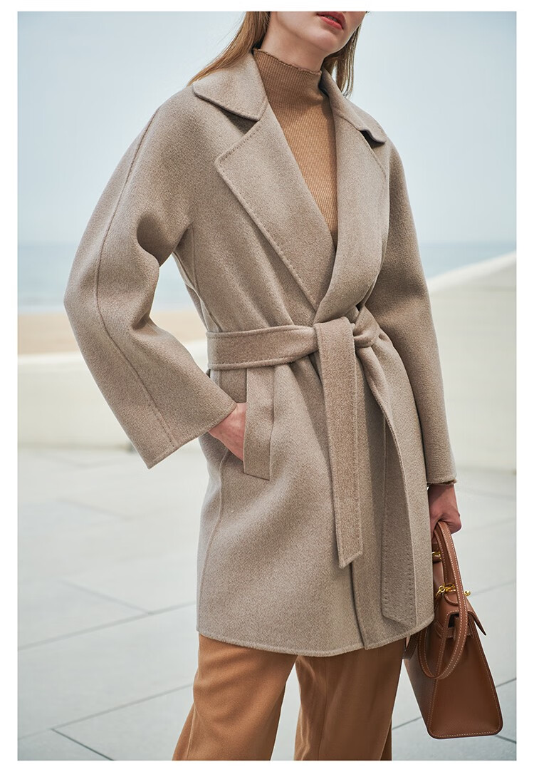 瑟俐品牌燕麦色双面羊绒大衣女中长款2022年水波纹高端羊毛呢外套秋冬