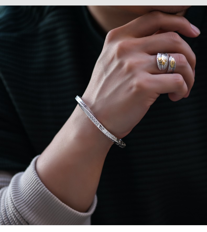 罗泰老银匠990足银手镯男森系银镯复古银饰手环实心开口银镯子男图腾