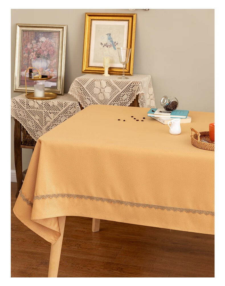 锦色华年金色贡缎提花桌布布艺北欧简约蕾丝边长方形餐桌布法式茶几布