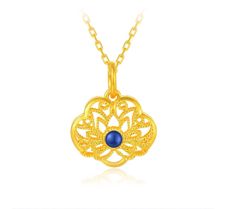 荟萃楼珠宝黄金吊坠足金999挂坠古法金项链坠莲花金坠子配银项链约206