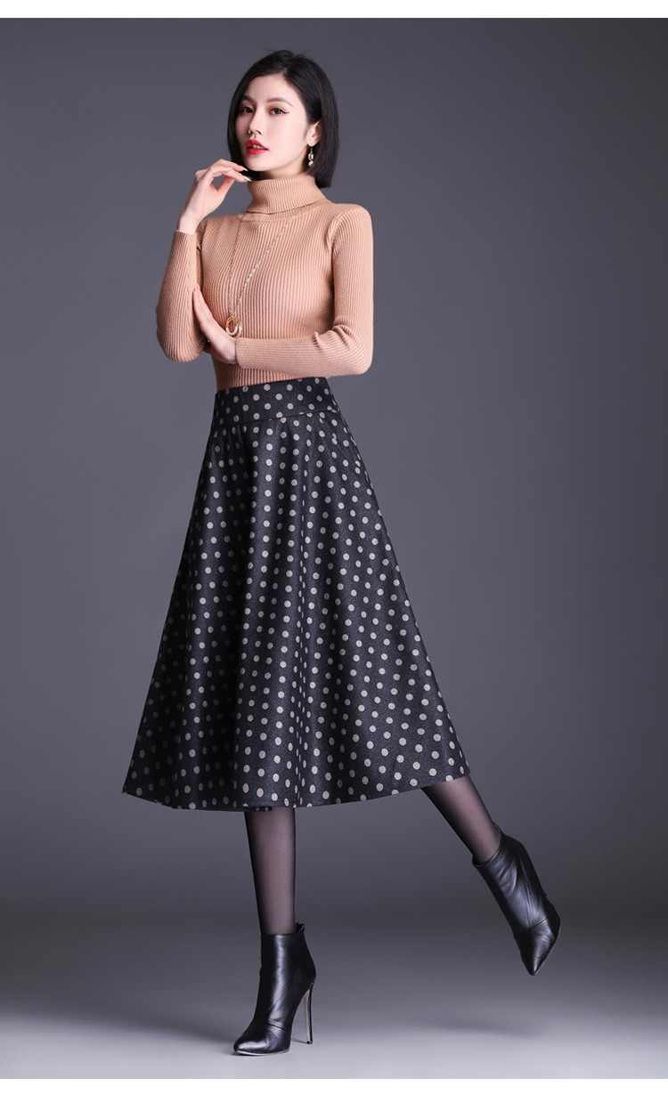 伊索琳波点毛呢半身裙伞裙女秋冬新款2021高腰圆点a字裙垂感百搭大摆