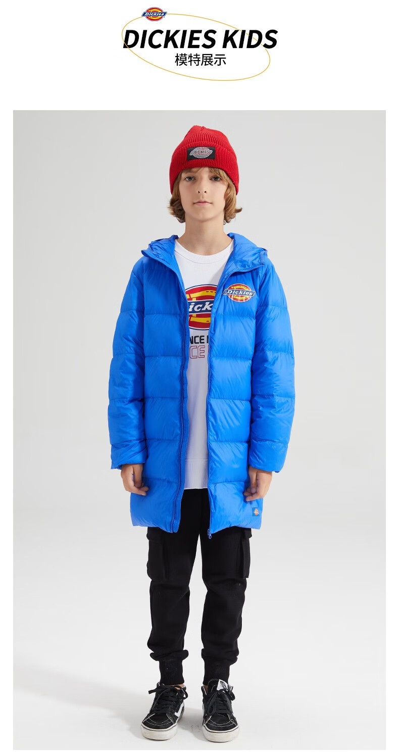 dickies男女童中大潮童冬90白鸭绒高充绒保暖中长款连帽羽绒服黑色130