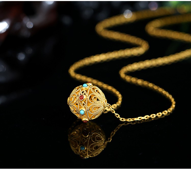 落花啼春999足金绣球黄金吊坠女古法手工花丝镶嵌结婚首饰金项链套链