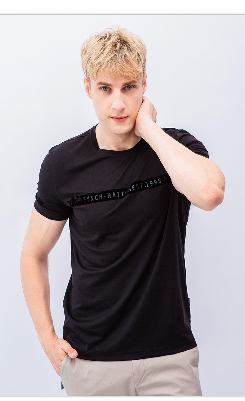fynchhatton德国树休闲t恤男宽松棉圆领中青年纯色透气黑色l18096a