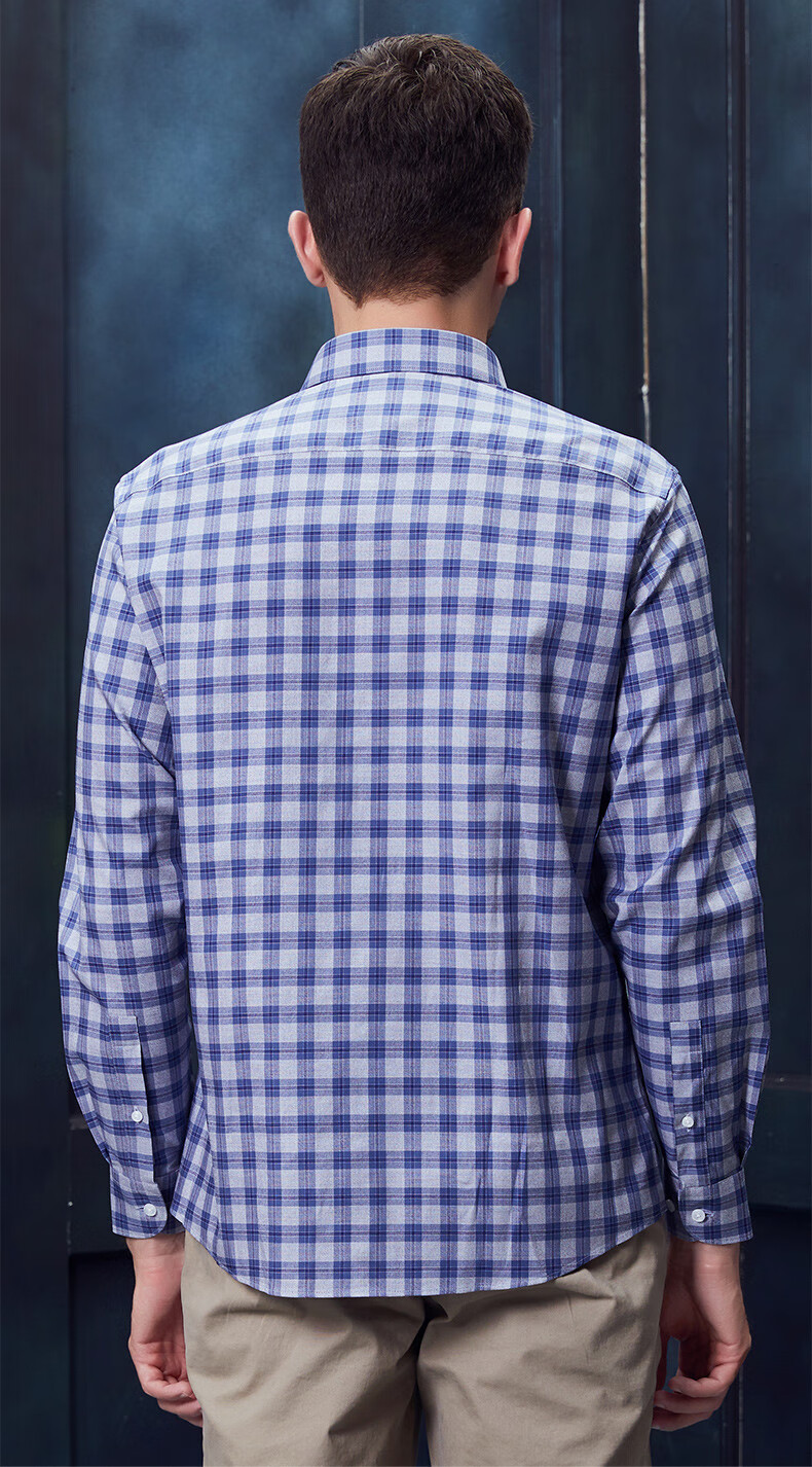 鲁泰(luthai)商务休闲格纹衬衫男青年纯棉长袖衬衣 蓝灰色格纹 m