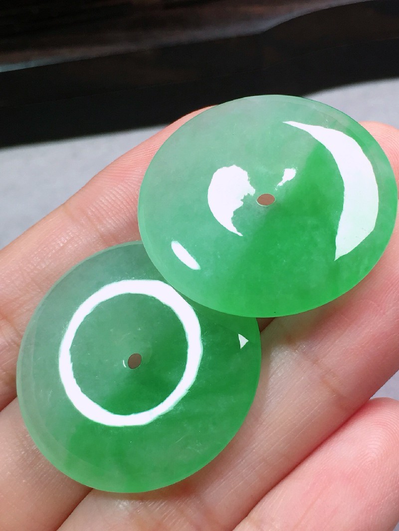 绿翠天成 翡翠冰种飘绿平安扣吊坠一对 冰种翡翠缅甸天然a货玉石项链