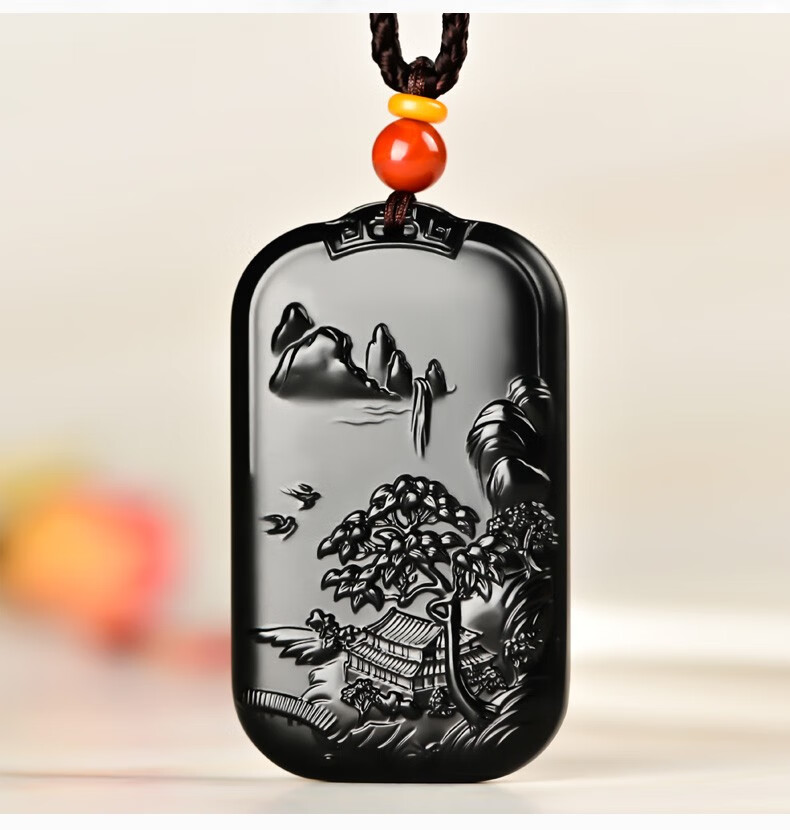 景曦 和田玉墨玉山水牌吊坠男女款锦绣河山牌子玉坠玉石挂件玉佩 35*