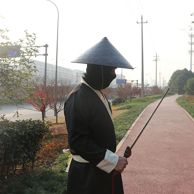 遮阳帽舞蹈道具竹编斗笠帽侠客帽子蓑衣帽影视拍摄道具复古黑色竹帽