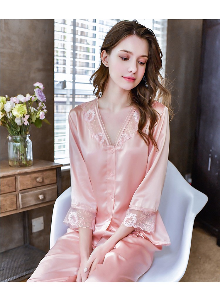 menang大牌女士真丝睡衣女秋冬冰丝家居服女性感重磅纯色少女短袖长裤