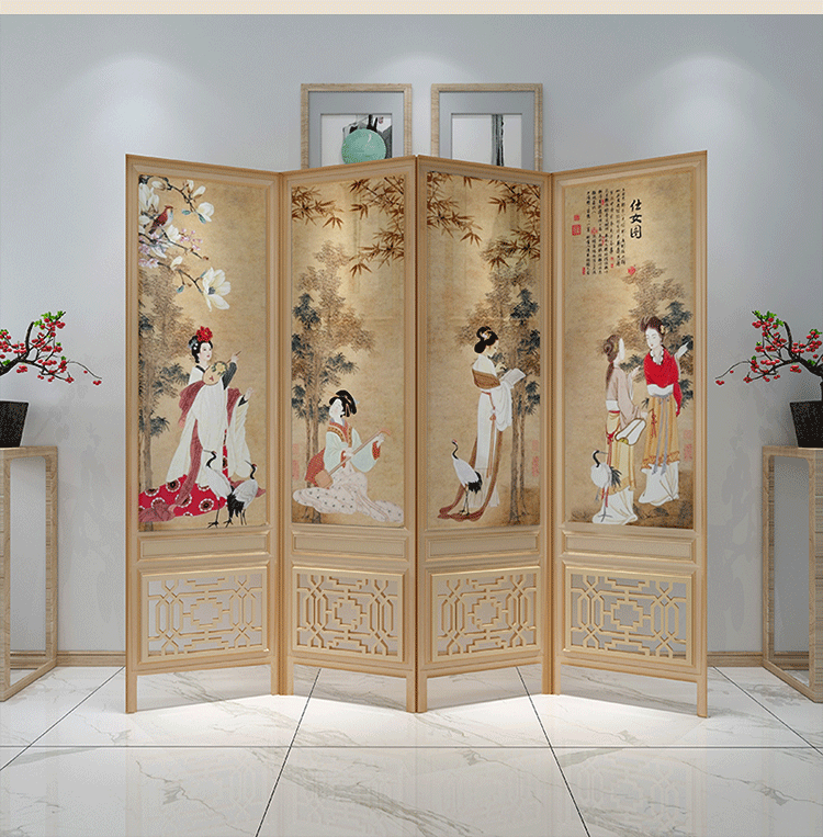 优木若兰中式实木屏风折叠隔断古典中国风茶室客厅玄关移动布艺装饰
