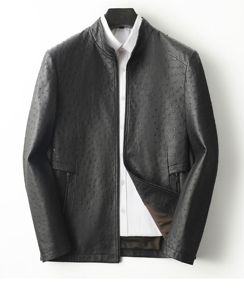 凯撒进口南非鸵鸟皮皮衣男真皮皮夹克短款立领中年商务休闲外套奢侈