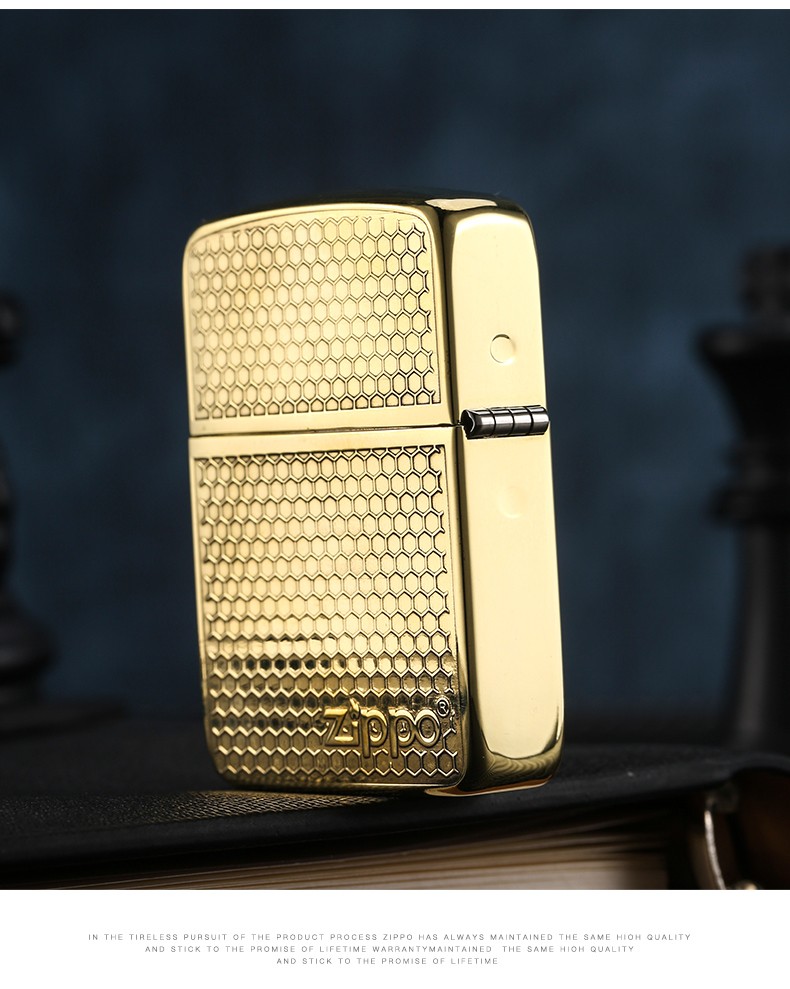 zippo打火机 之宝复刻版1941机型 金色铜机双面雕刻蜂窝 菱形格子zp