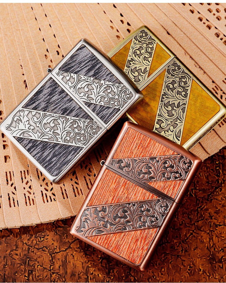 zippo打火机煤油 木纹雕刻唐草古风原装之宝防风打火机 古银标志